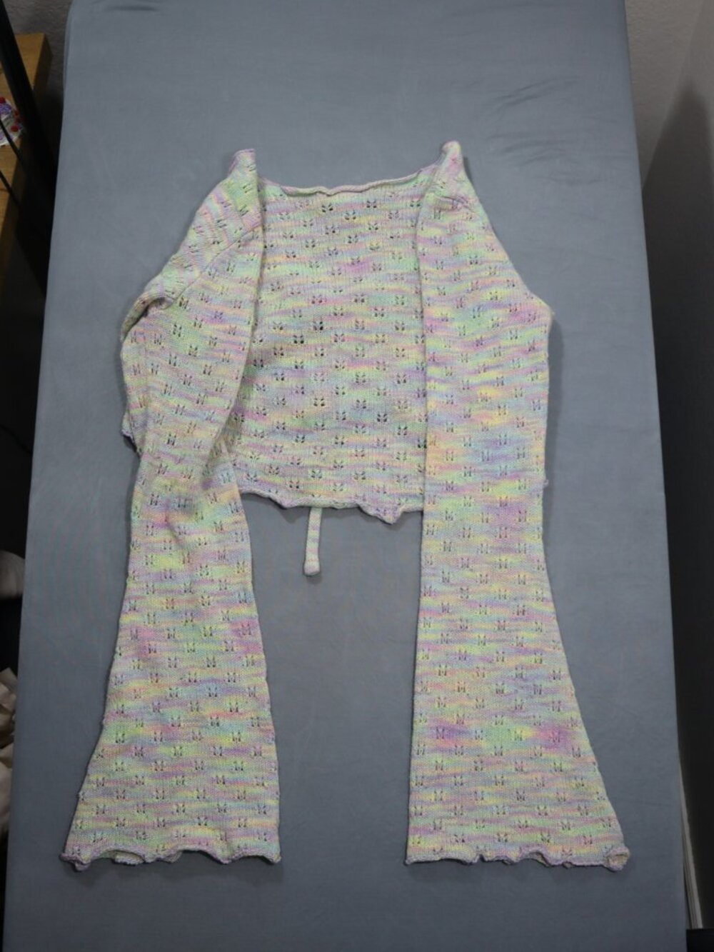 Thorn & Fable Tie Front Cropped Cardigan S/M Pastel Rainbow Bell Sleeve Knit - Picture 7 of 7